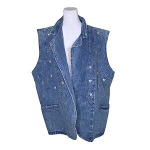 Vintage 80s Open Front Bumble Bee Embroidered Denim Vest Womens Size 3XL Blue